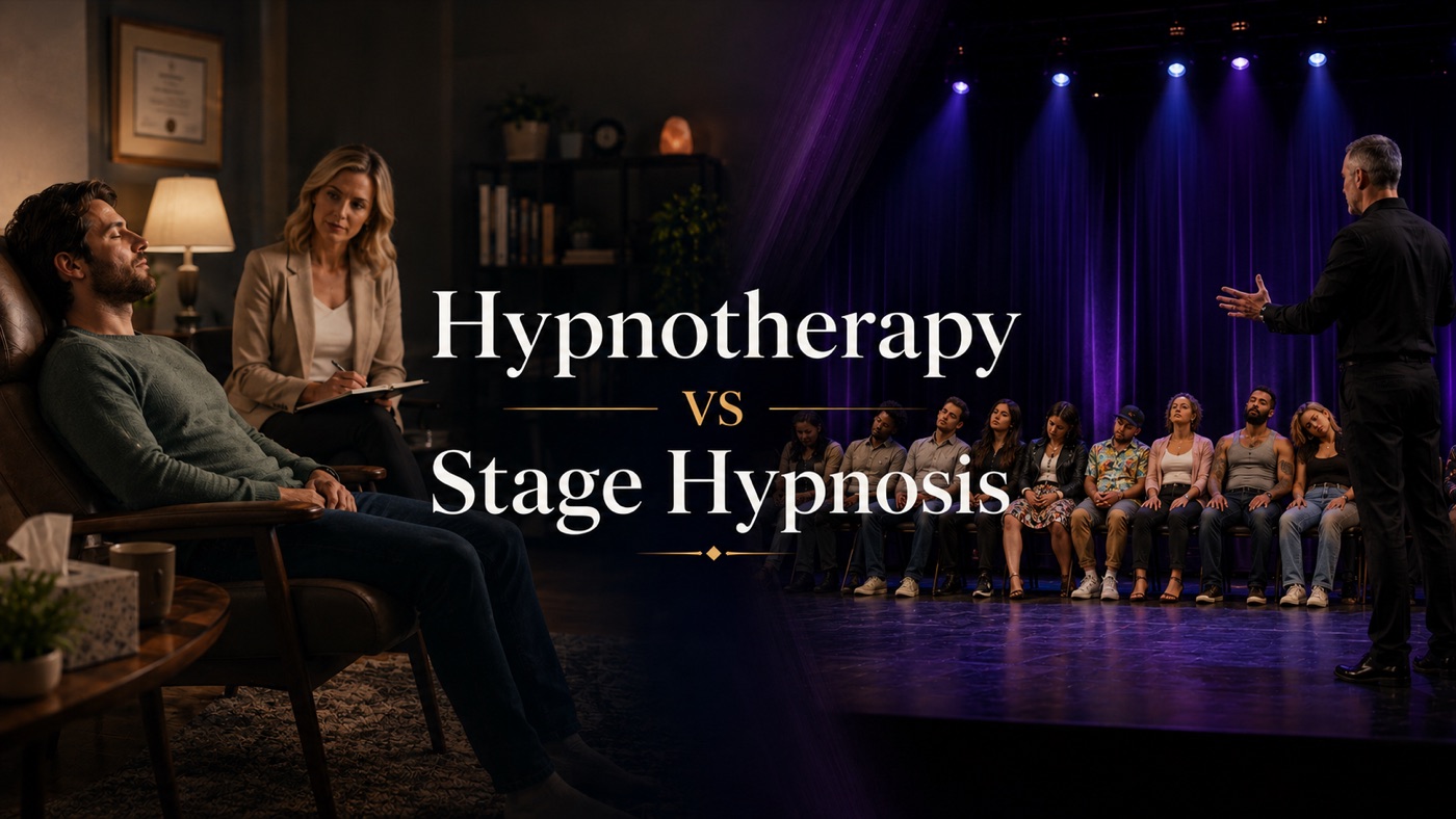 Hypnotherapy versus stage hypnosis — a therapy session on the left, a live stage hypnosis show on the right