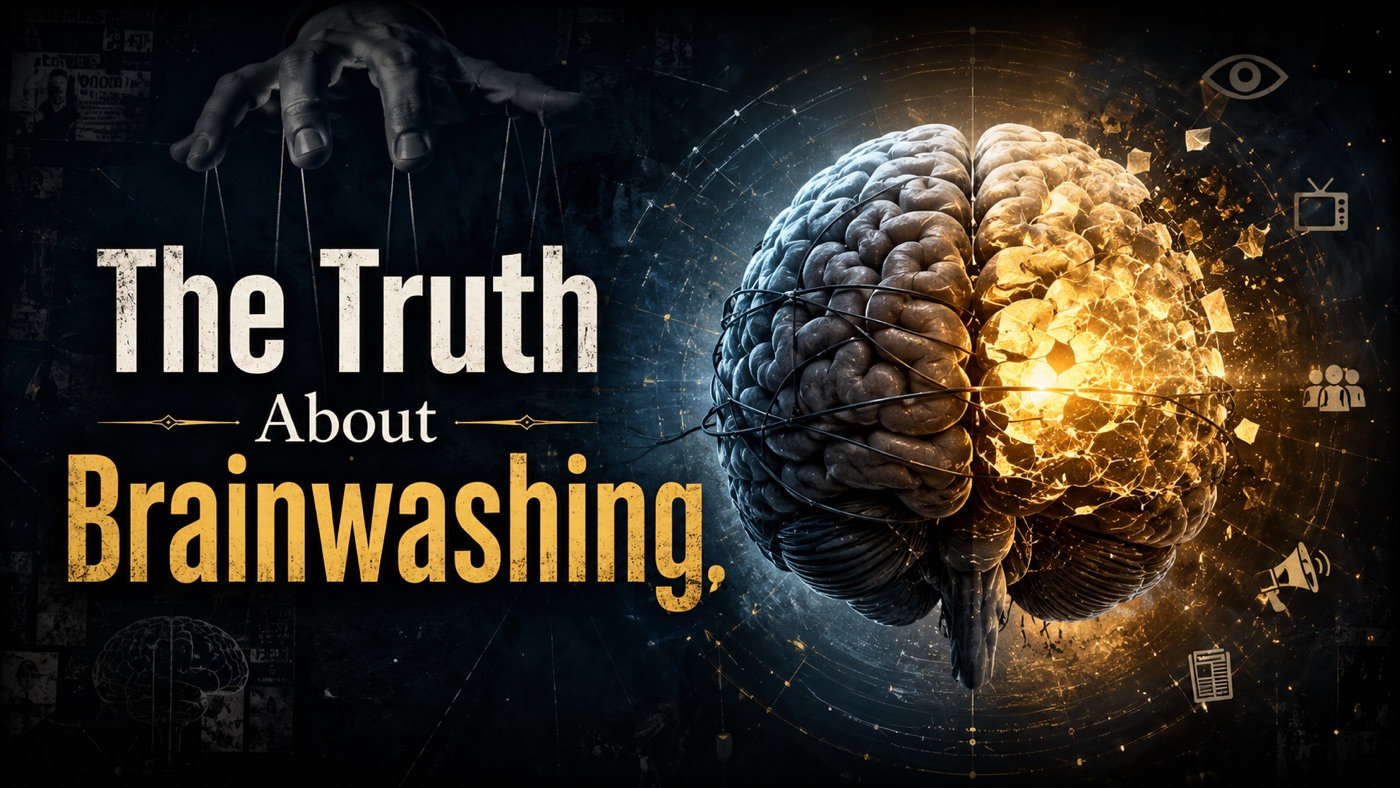 The truth about brainwashing — puppet strings over a half-glowing brain surrounded by media and propaganda symbols