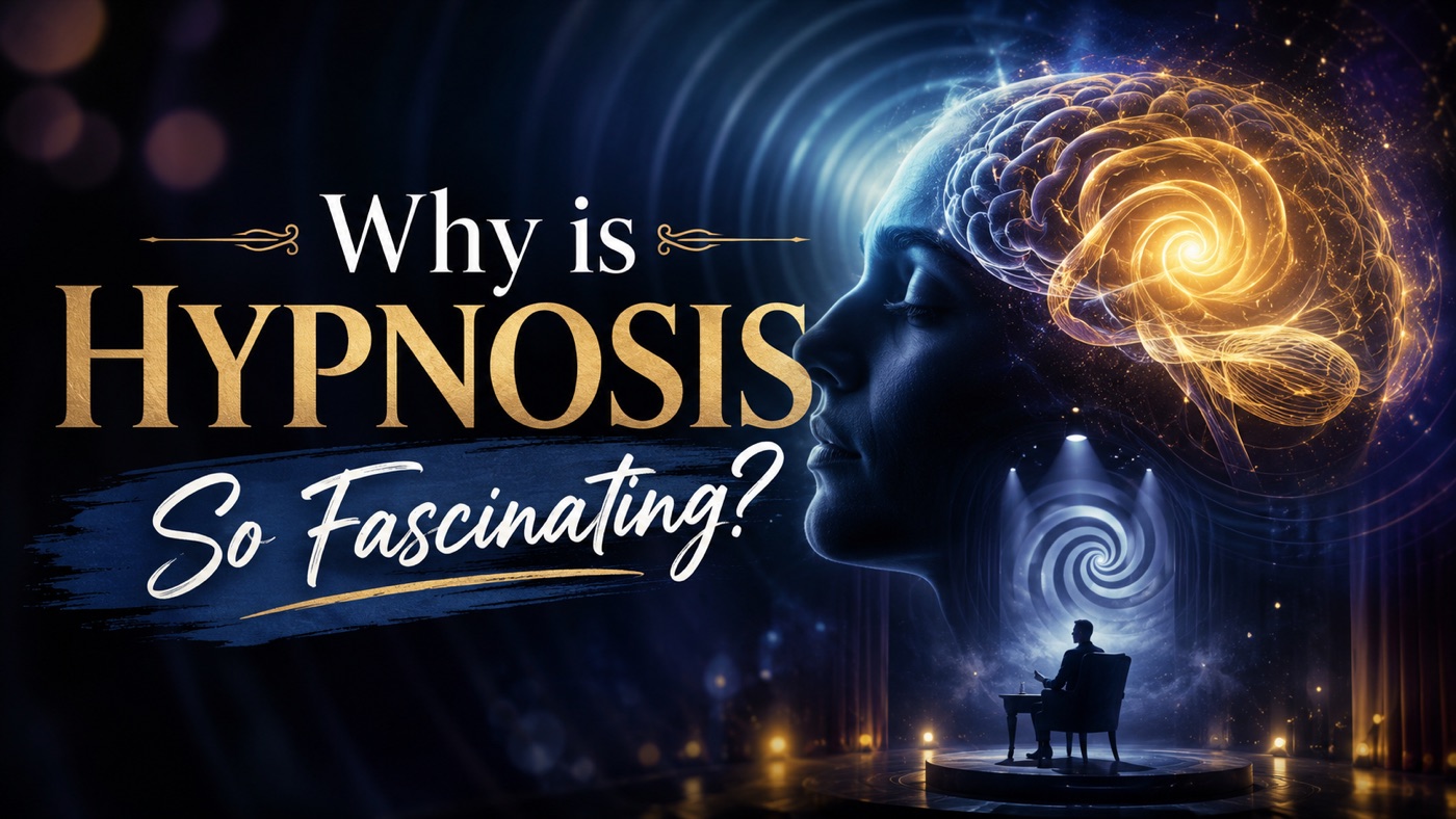 Why is hypnosis so fascinating — a glowing brain and spiral over a serene face, with a hypnotist on a lit stage