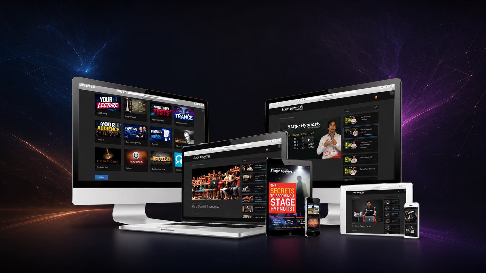 The Stage Hypnosis University training portal on desktop, laptop, tablet and phone